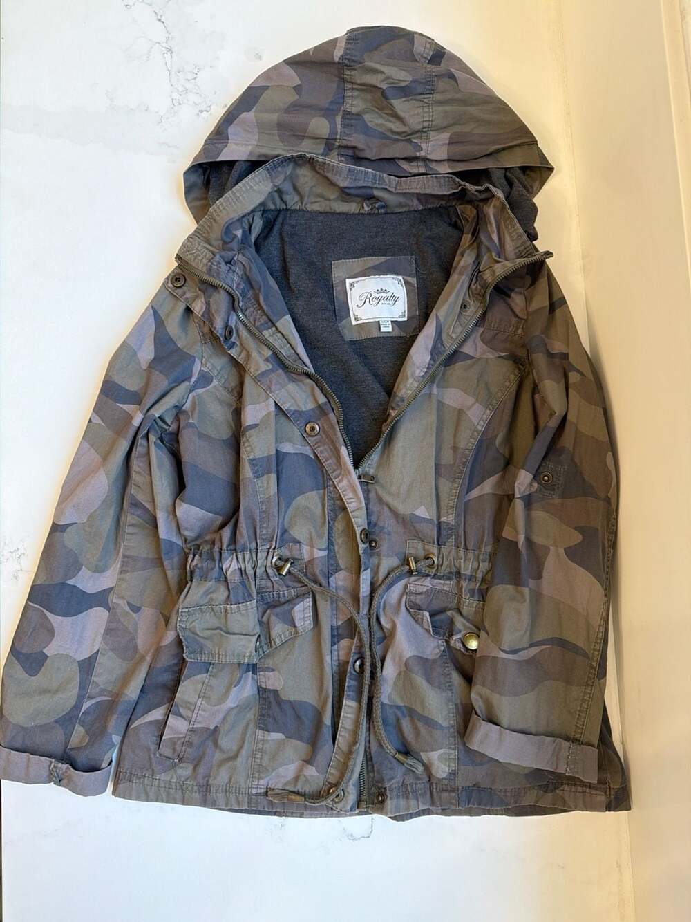 Royalty For Me Women's Camo Hooded Utility Jacket with Drawstring Waist